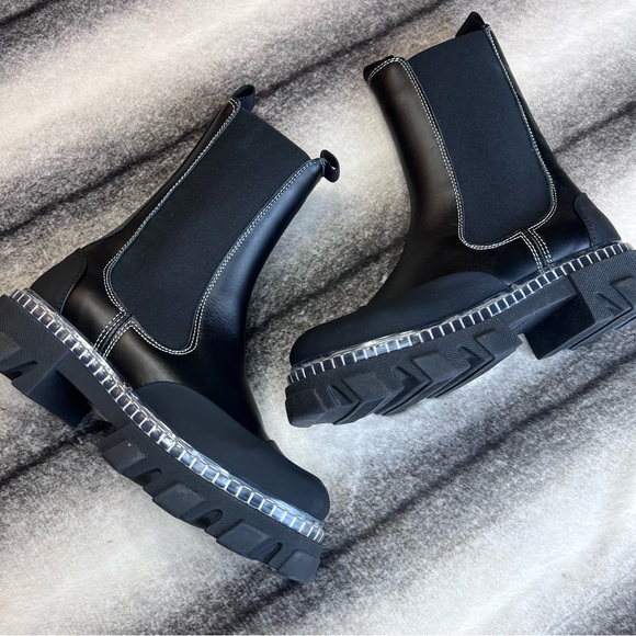 Ganni Shoes - GANNI Lug Sole Cleated Platform Mid Black Leather Chelsea Boots